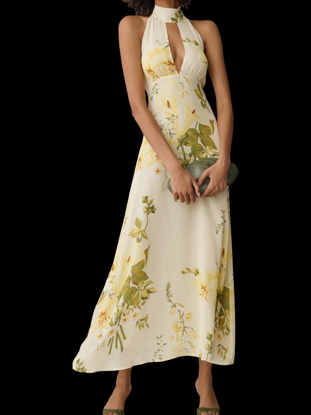 Few Moda o.p.t. Melina Dress Floral Halter Maxi Cream Green Yellow NWT